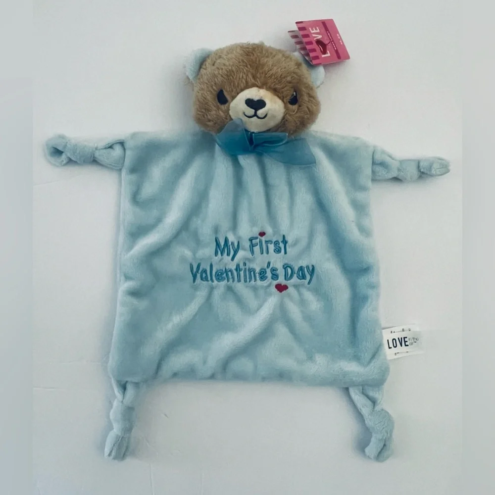 My First Valentine’s Baby Gift Set Teddy Bear Lovey Blanket Bib Booties Blue NWT